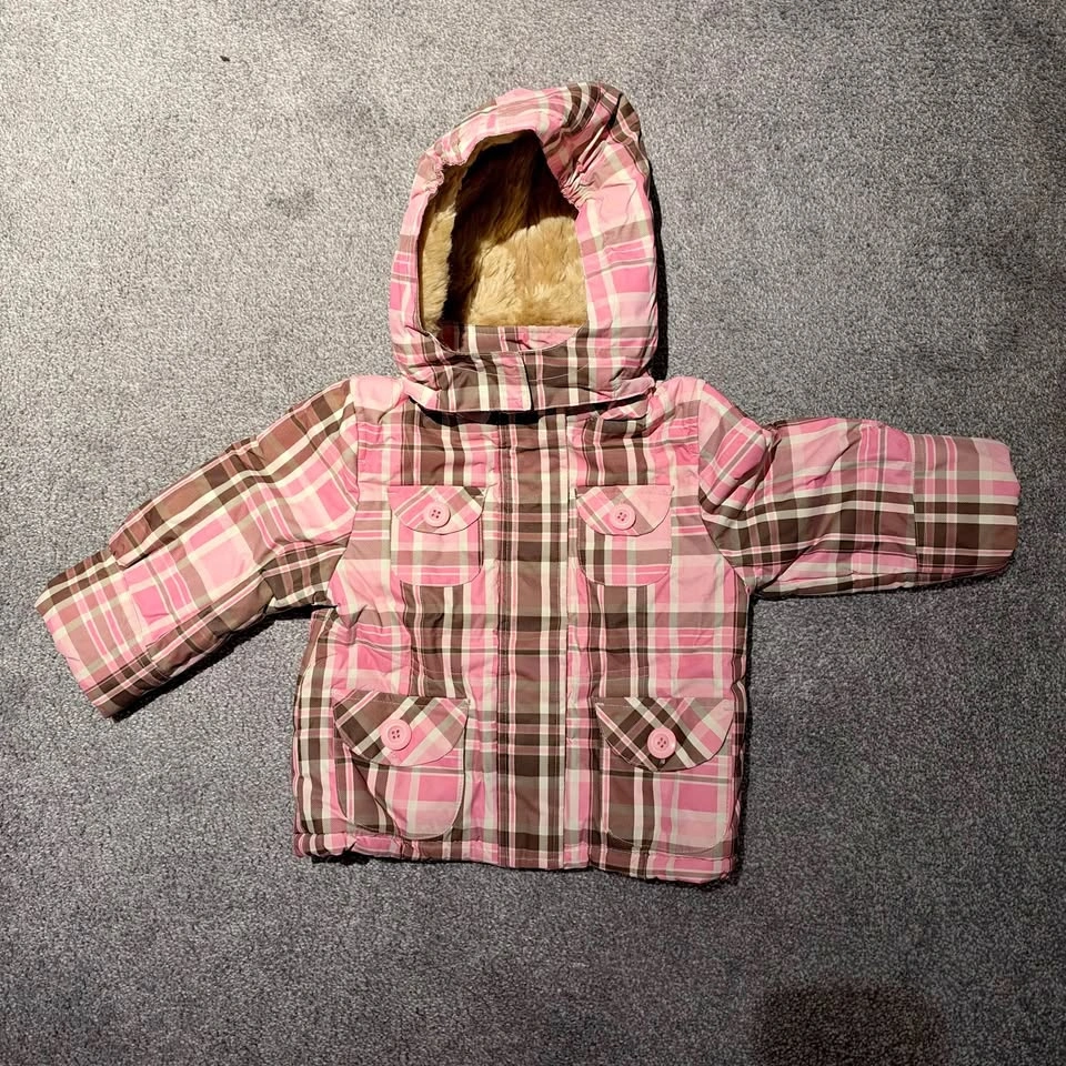 Toddler Pink Plaid Puffer Jacket with Faux Fur Hood