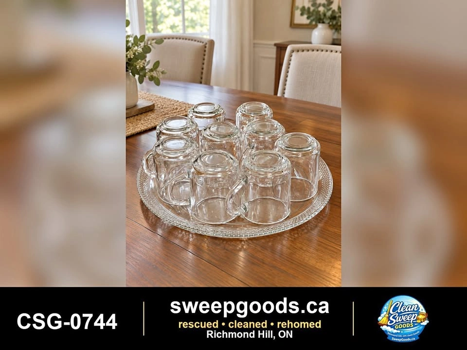Glass Serving Platter with 9 Glass Mugs – 10-Piece Set