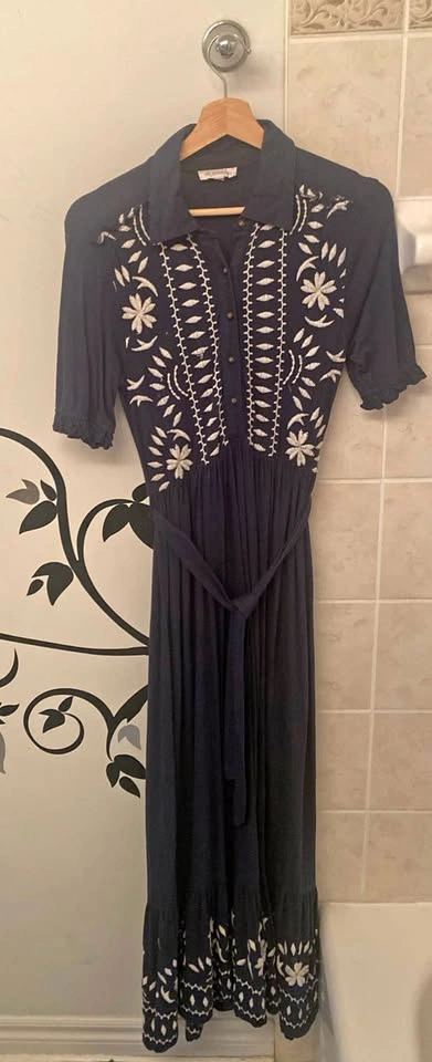 Monsoon Navy Blue Embroidered Maxi Dress (size S)