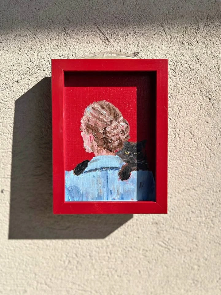 Original Framed Acrylic Painting of Woman with Black Cat