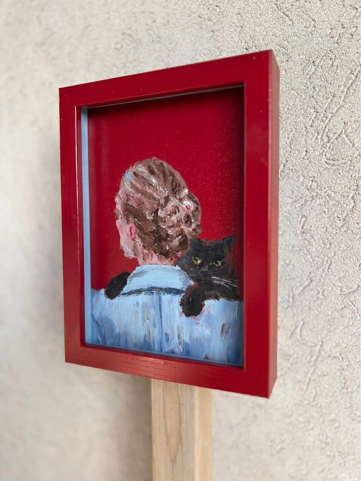 Original Framed Acrylic Painting of Woman with Black Cat - photo 3
