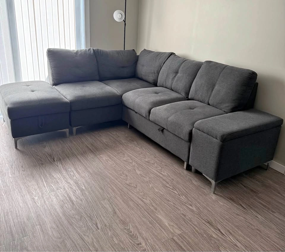 Charcoal L-Shaped LHS Sectional Sofa with Chaise – Pull-Out Exte