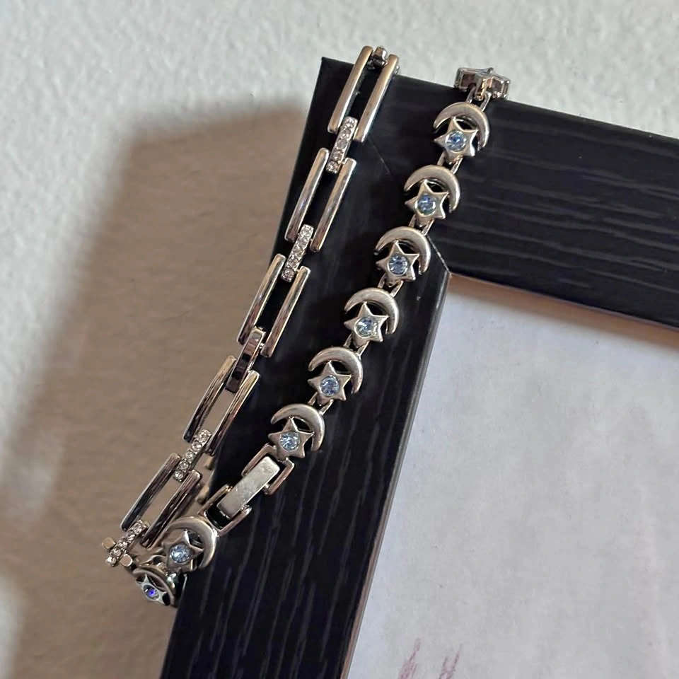 Celestial & Geometric Silver Bracelet Set (Moon & Star + Bar Lin