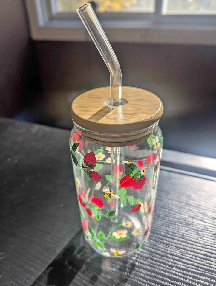 Strawberry & Bee Glass Tumbler with Bamboo Lid & Straw