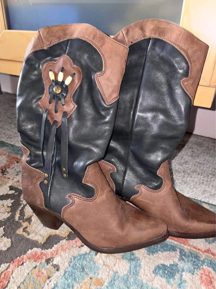 Brown & Black Genuine Leather Code West Cowboy Boots Size 6 Wome