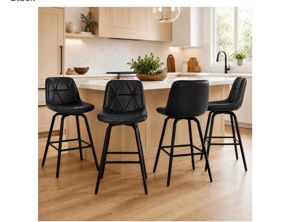 Set of 4 Black Leather 360° Swivel Barstools