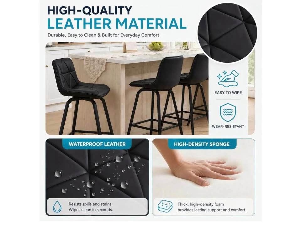 Set of 4 Black Leather 360° Swivel Barstools - photo 4