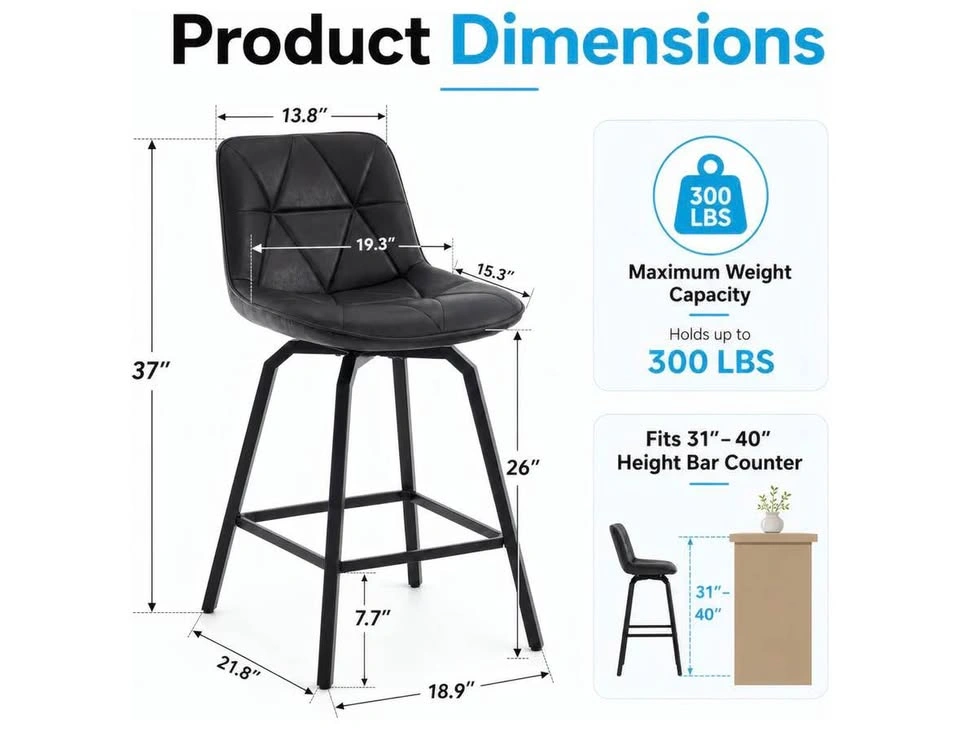 Set of 4 Black Leather 360° Swivel Barstools - photo 5