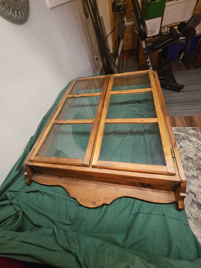 Rustic Wooden Display Cabinet w/ Glass Paned Doors & Hooks