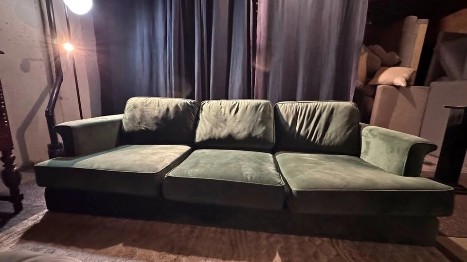 Green Velvet 3-Seater Sofa + Tufted Ottoman