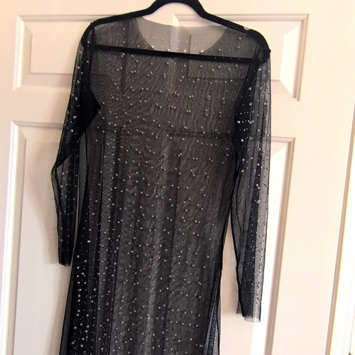 Women’s Black Sheer Mesh Long Sleeve Pearl Shift Dress