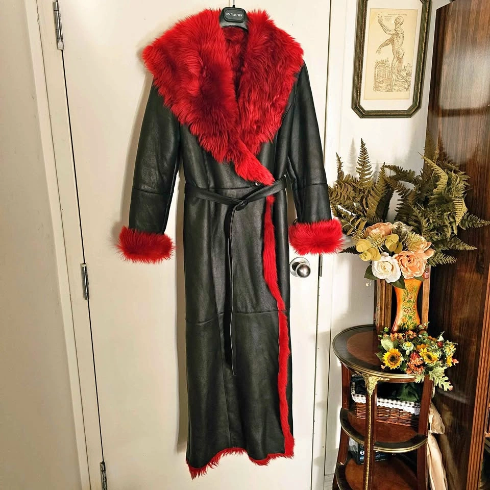 Red Faux Fur Black Faux Leather Maxi Penny Lane Coat