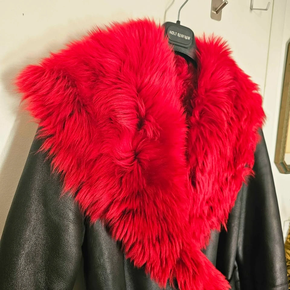 Red Faux Fur Black Faux Leather Maxi Penny Lane Coat - photo 2