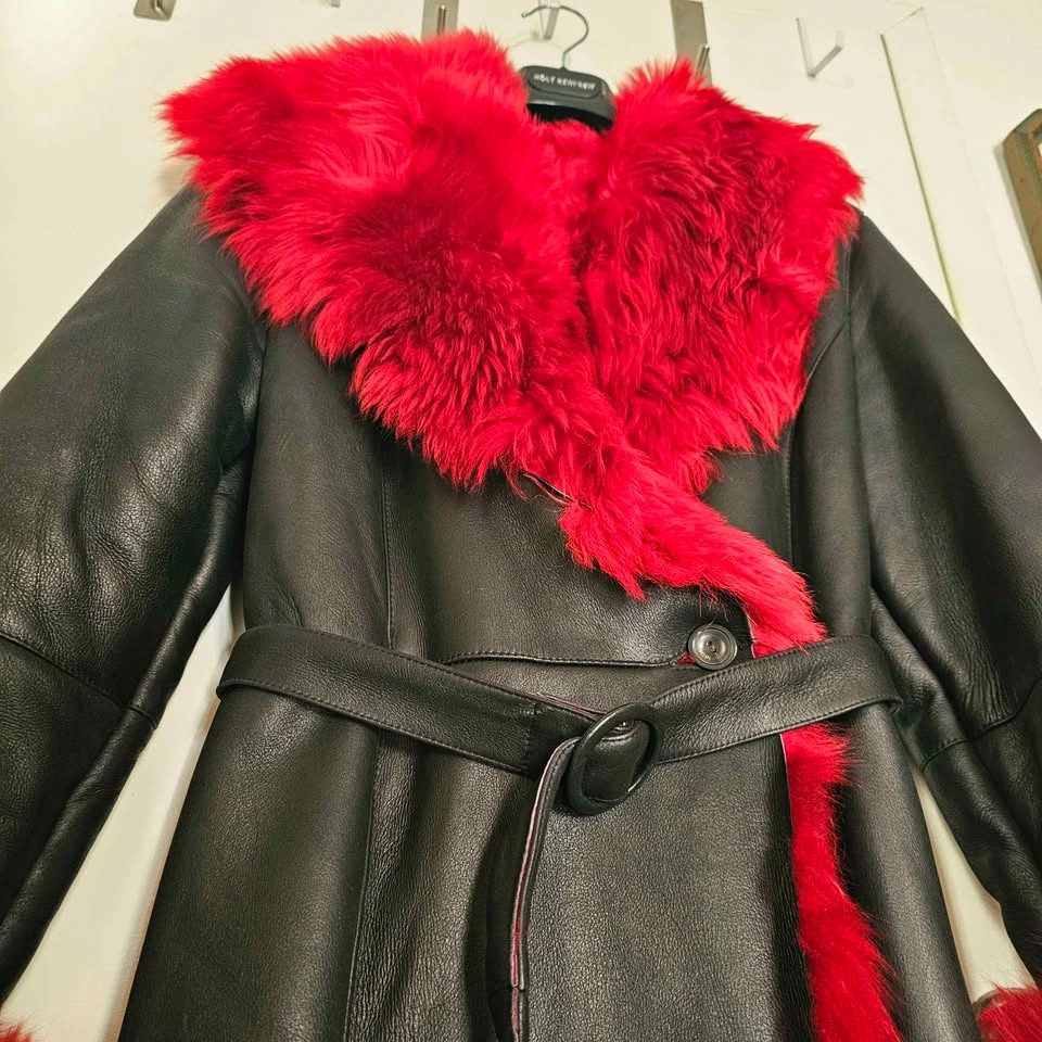 Red Faux Fur Black Faux Leather Maxi Penny Lane Coat - photo 3
