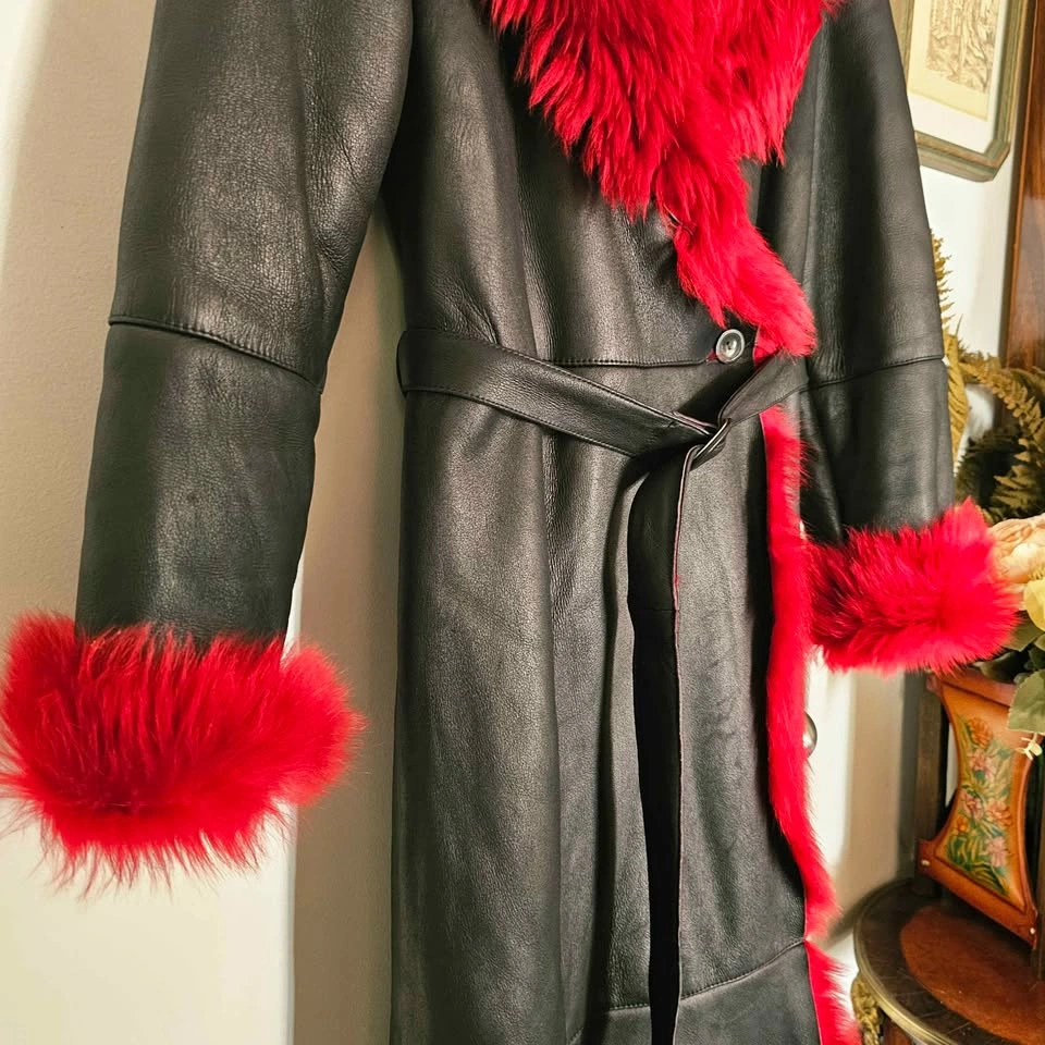 Red Faux Fur Black Faux Leather Maxi Penny Lane Coat - photo 4
