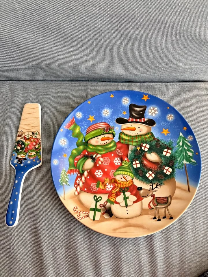 Christmas Snowman Family Porcelain Plate and Cake Servering Set