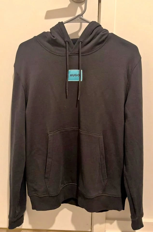 Hugo Hoodie, Small, Black, Teal Logo Patch