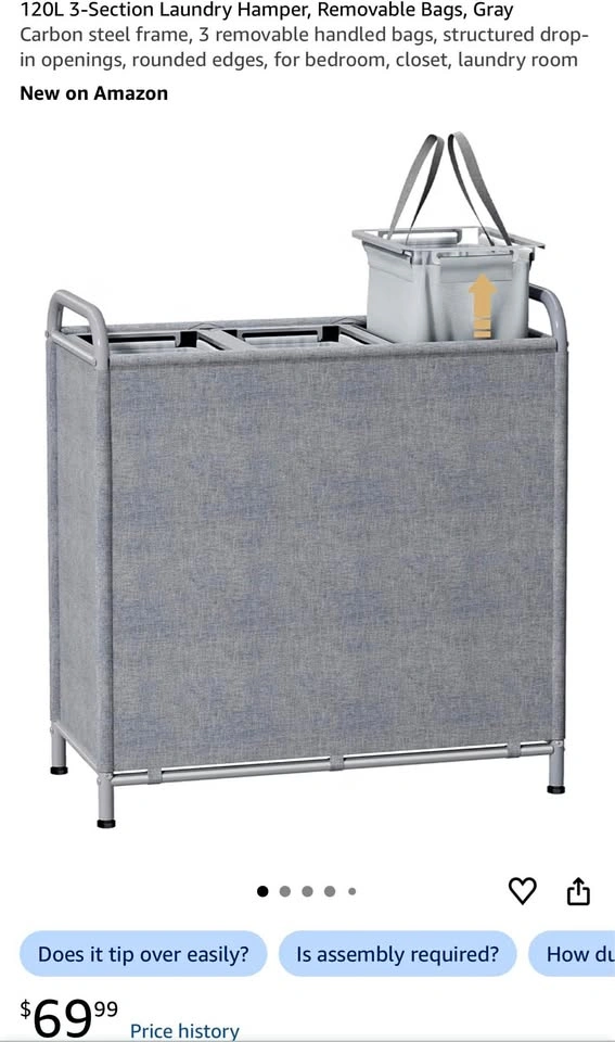 3-Section Laundry Hamper, Removable Bags, Gray