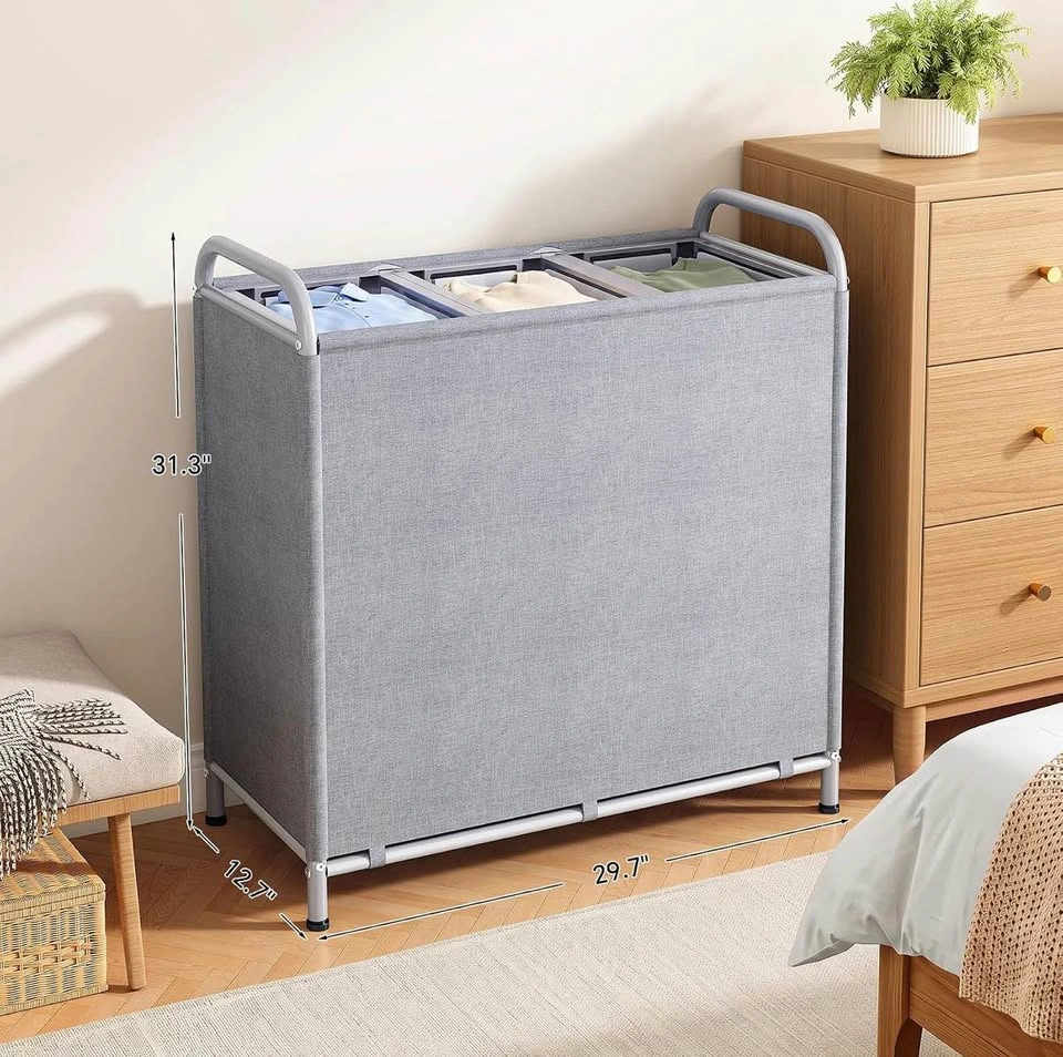 3-Section Laundry Hamper, Removable Bags, Gray - photo 2