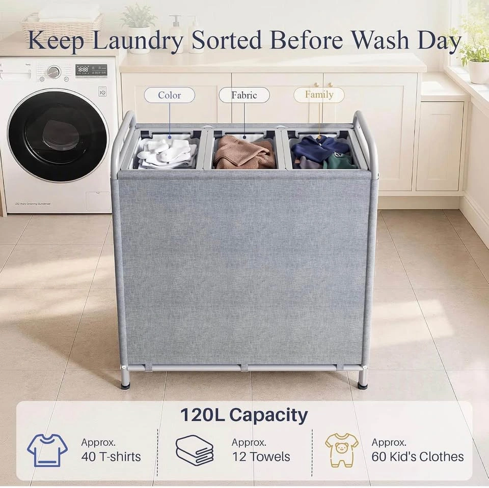 3-Section Laundry Hamper, Removable Bags, Gray - photo 3