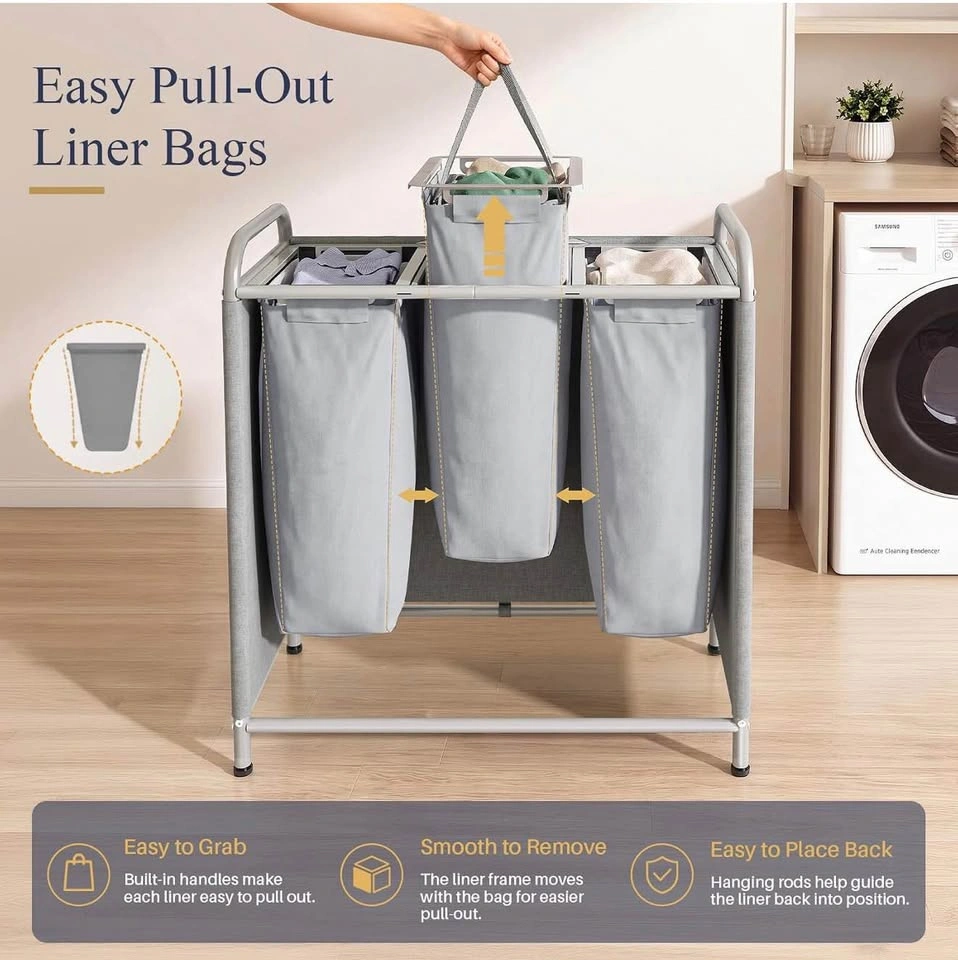 3-Section Laundry Hamper, Removable Bags, Gray - photo 4