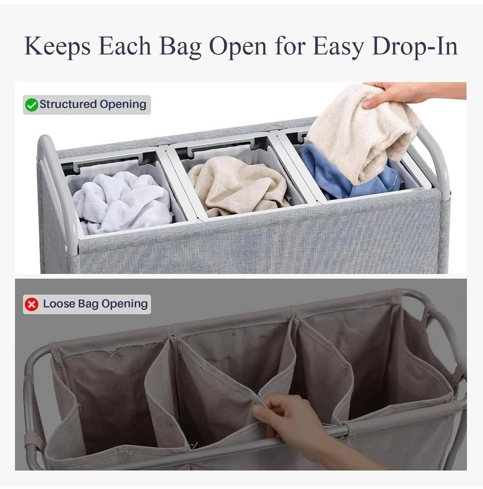 3-Section Laundry Hamper, Removable Bags, Gray - photo 5