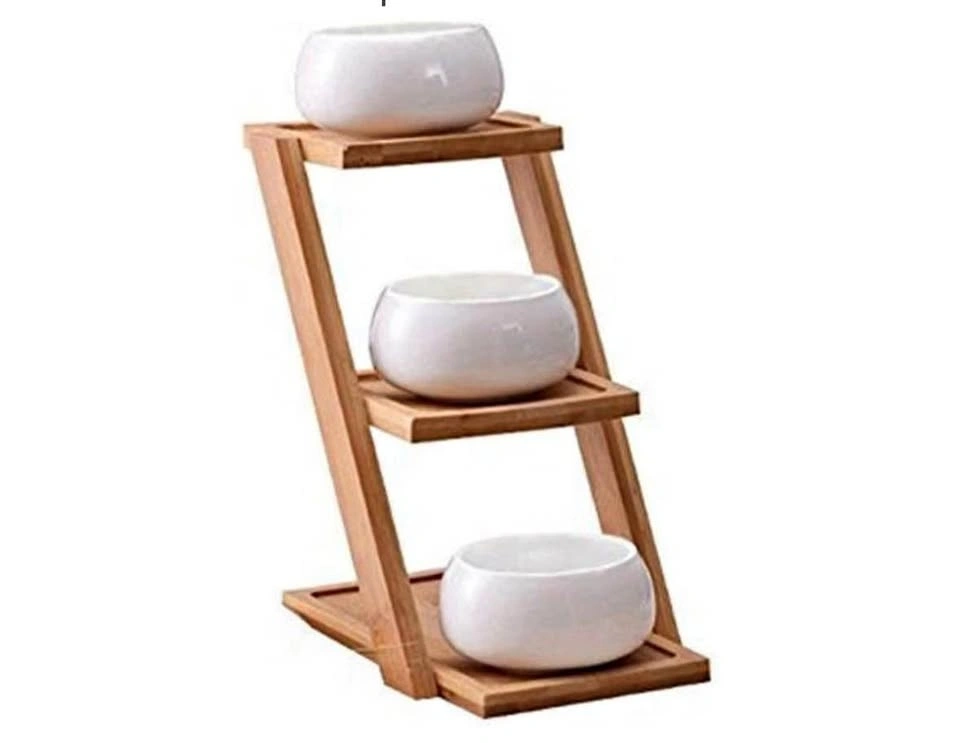 3-Tier Bamboo Succulent Plant Stand with Ceramic Pots