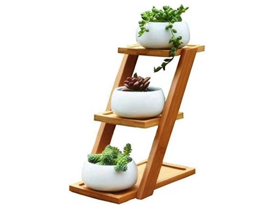 3-Tier Bamboo Succulent Plant Stand with Ceramic Pots - photo 2