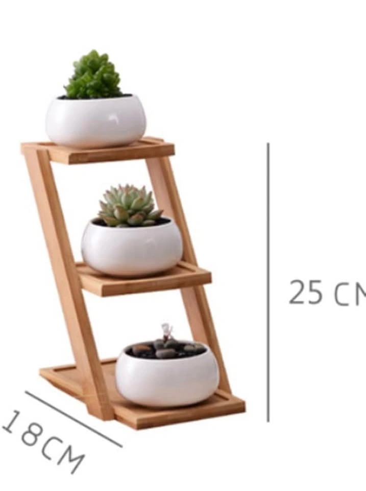 3-Tier Bamboo Succulent Plant Stand with Ceramic Pots - photo 3