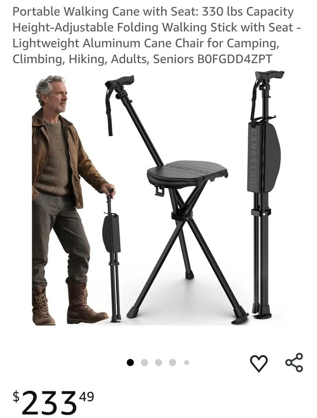 Portable Walking Cane with Seat: 330 lb