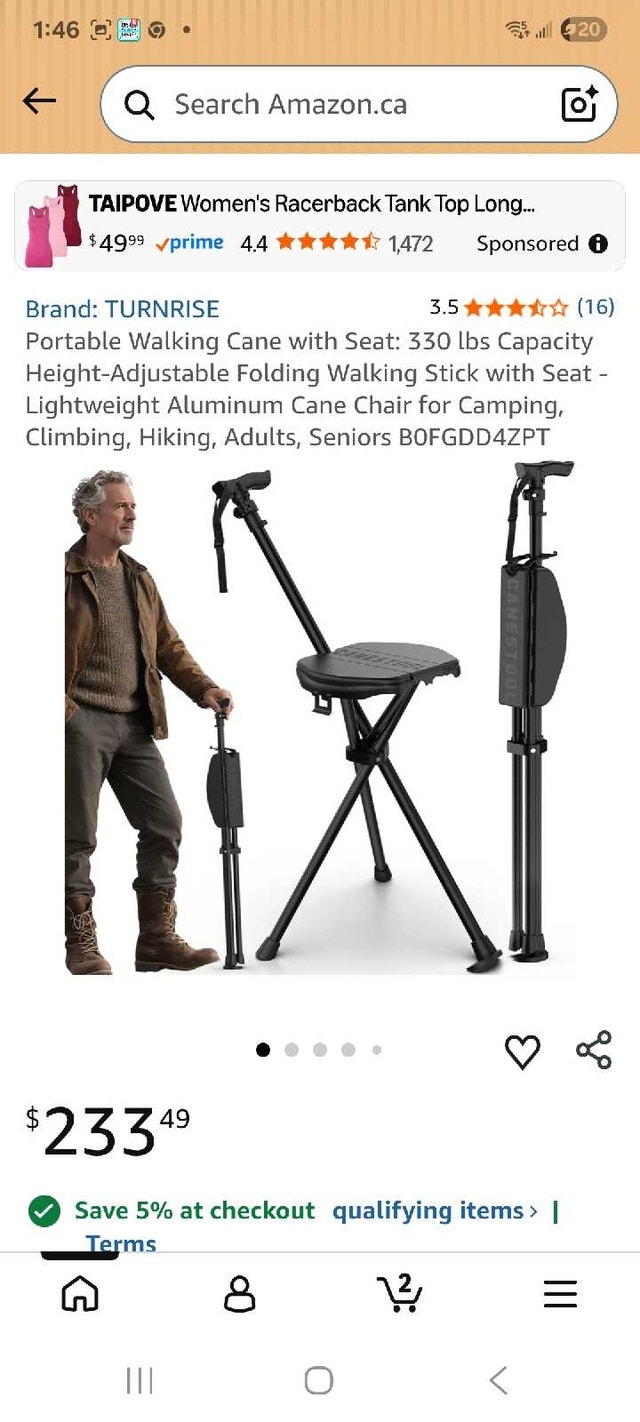Portable Walking Cane with Seat: 330 lb - photo 2