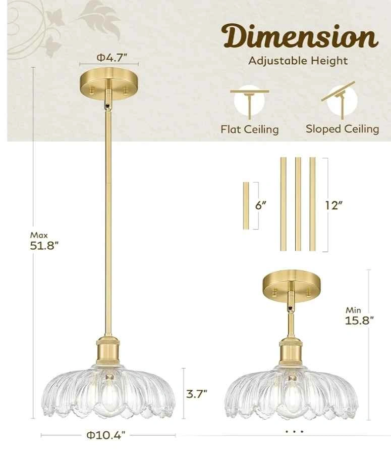 New FEMILA 10.4" Gold Pendant Light with Flower Glass - photo 2