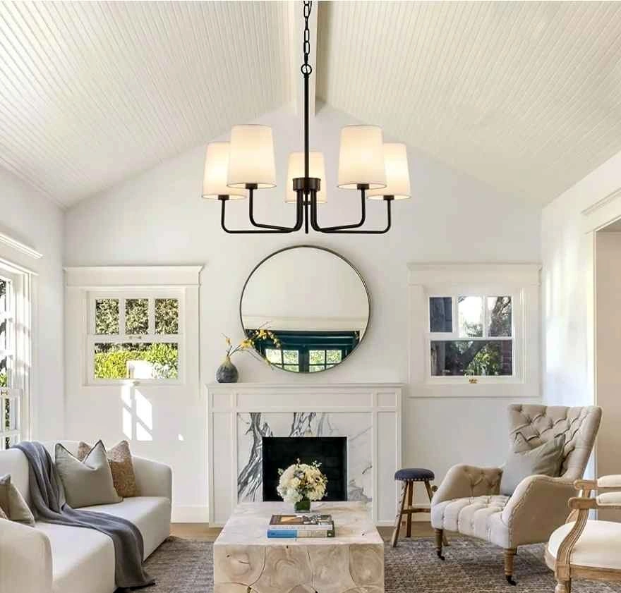 New Farmhouse Chandelier, Matte Black with White Fabric Shade