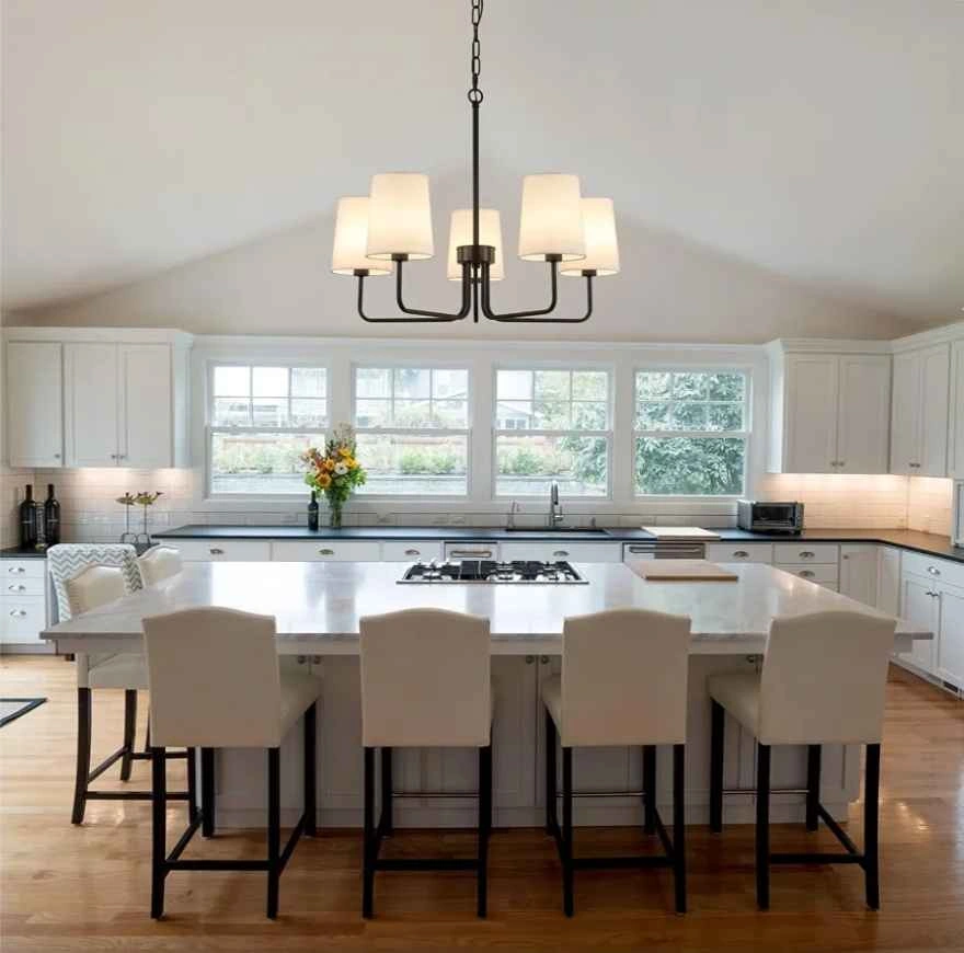 New Farmhouse Chandelier, Matte Black with White Fabric Shade - photo 2