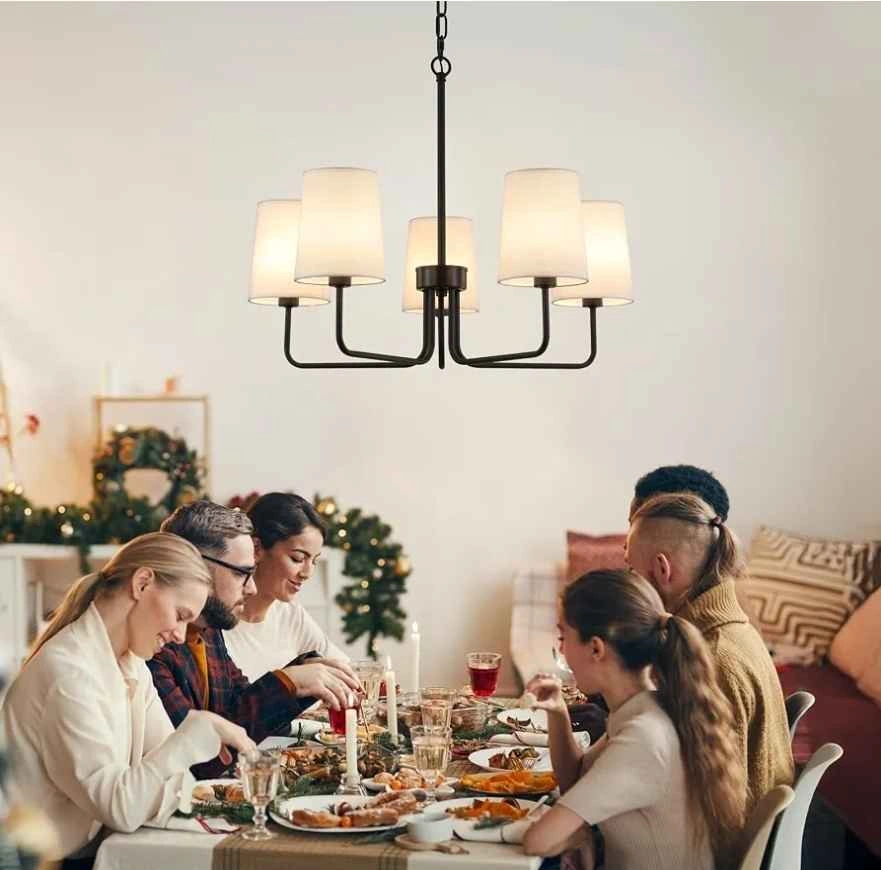 New Farmhouse Chandelier, Matte Black with White Fabric Shade - photo 3