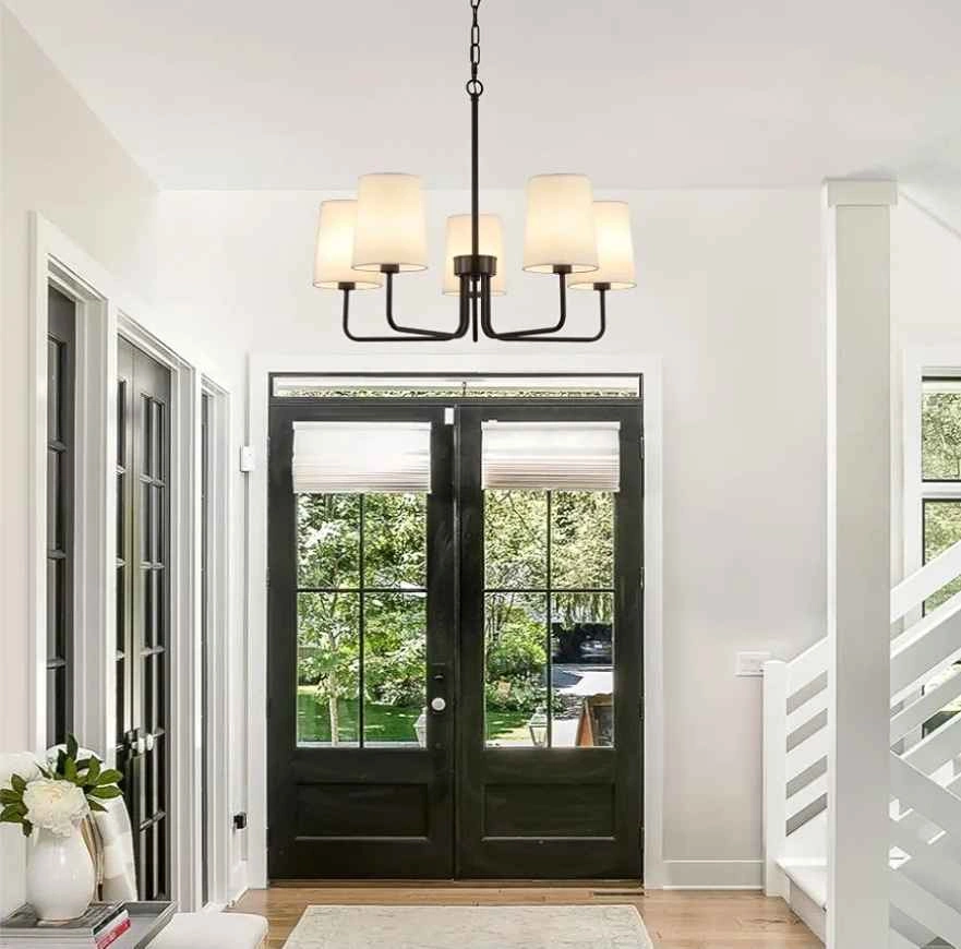 New Farmhouse Chandelier, Matte Black with White Fabric Shade - photo 4