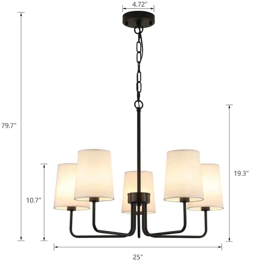 New Farmhouse Chandelier, Matte Black with White Fabric Shade - photo 5