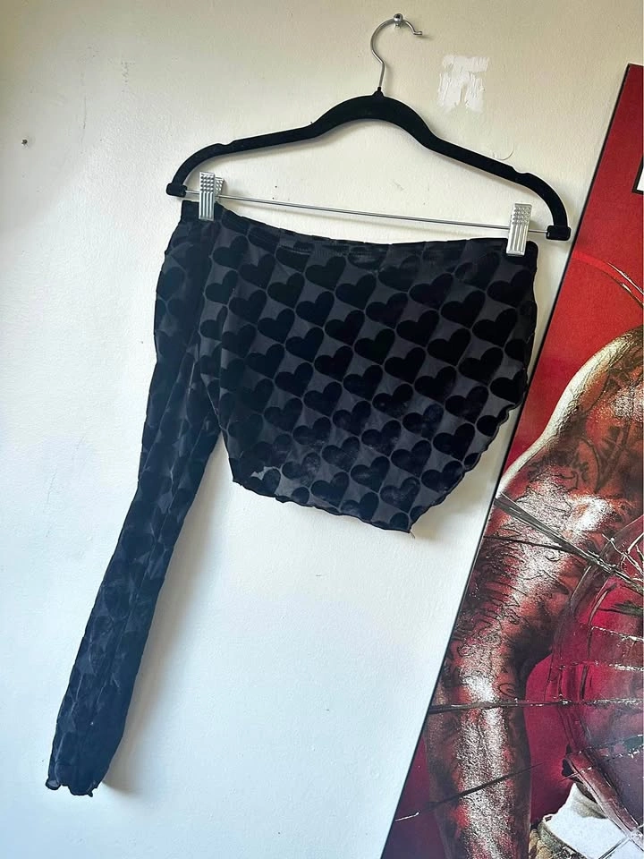 Black Heart Print One-Shoulder Top and Mini Skirt Set