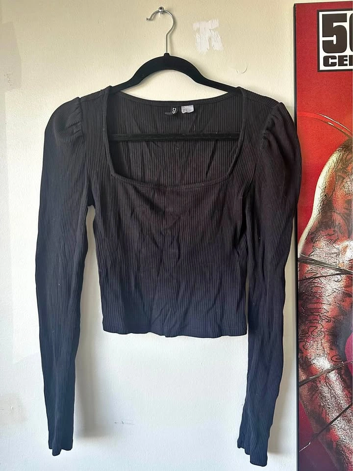 Black Ribbed Puff Sleeve Square Neck Top
