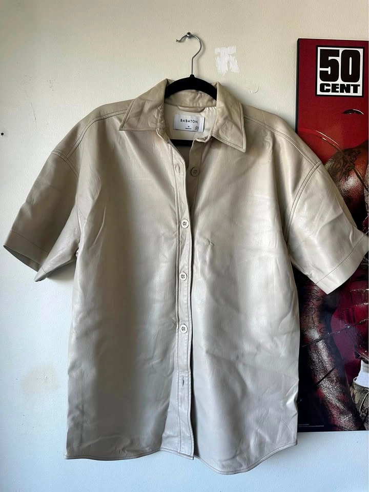 Babaton Beige Faux Leather Short Sleeve Button Down Shirt - Size