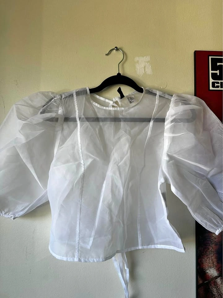 H&M White Sheer Puff Sleeve Blouse