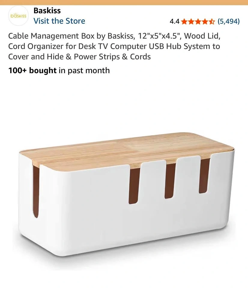 Baskiss Cable Management Box, 12"x5"x4.5" with Wood Lid