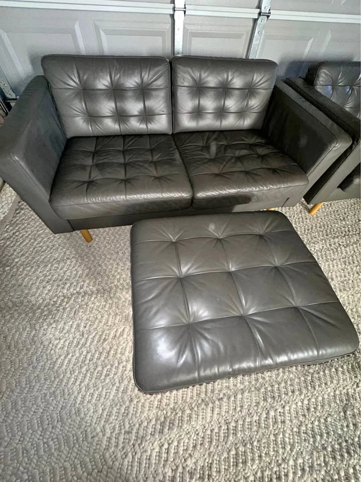 Like new. IKEA MORABO Leather Set – Loveseat, Armchair & Ottoman