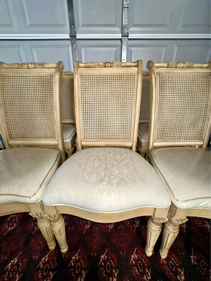 Set of 6 Vintage Louis XVI Style Painted Wood & Double-Cane Dini