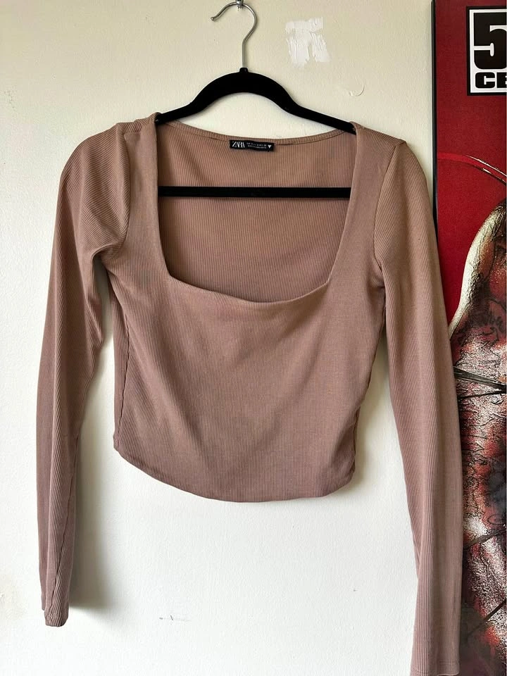 Zara Ribbed Square Neck Long Sleeve Top