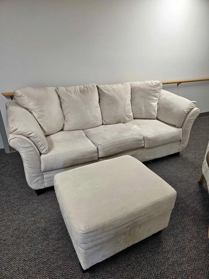 Beige Suede Sofa With Ottoman Delivery Available