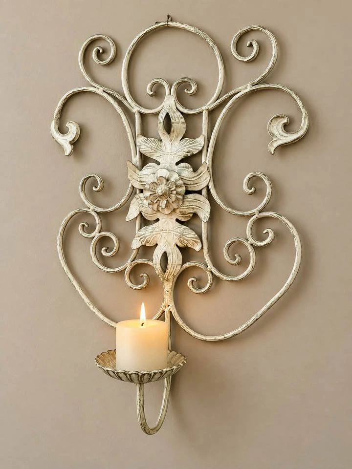 Ornate Metal Wall Candle Holder – Vintage Floral Scroll Design