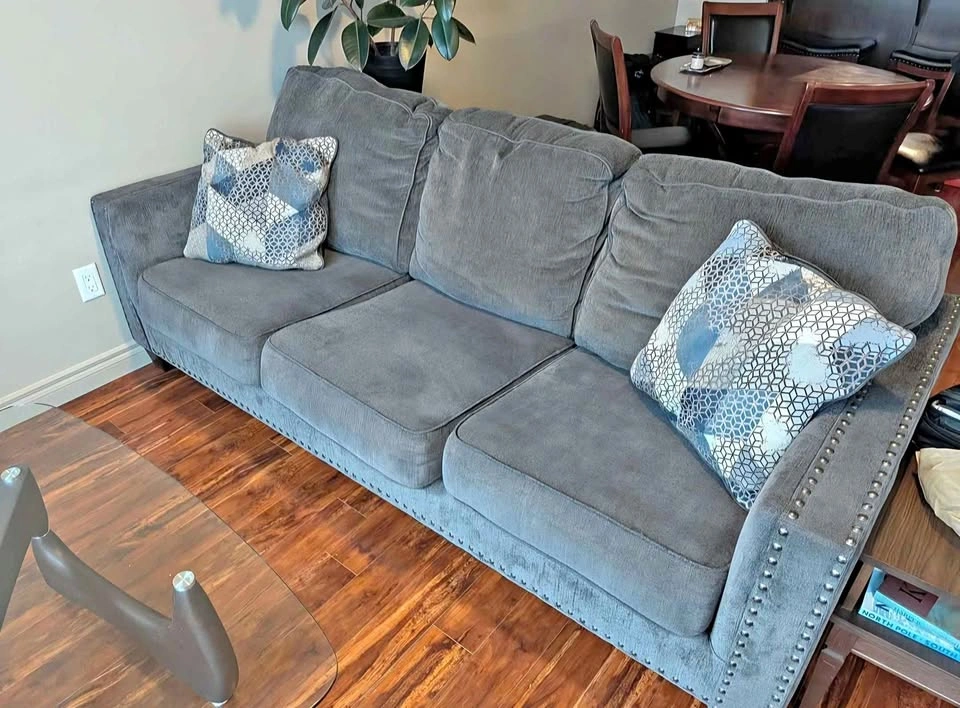 Grey Three-Seat Sofa with Nailhead Trim Delivery Available