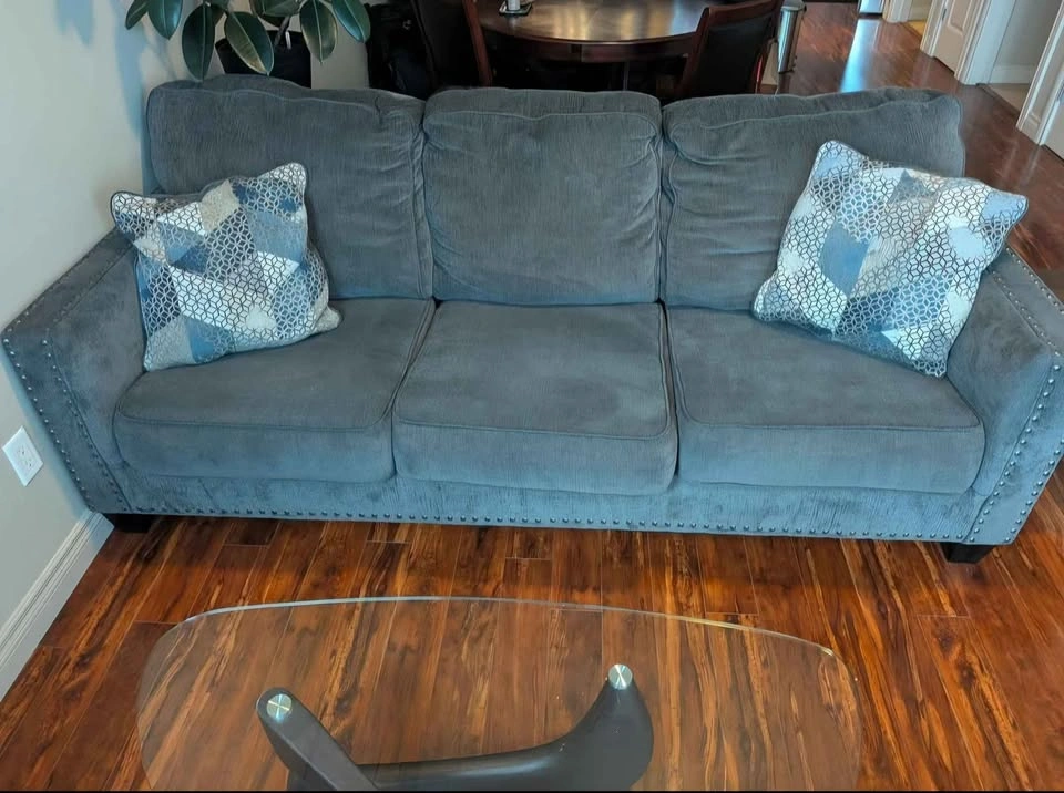 Grey Three-Seat Sofa with Nailhead Trim Delivery Available - photo 2