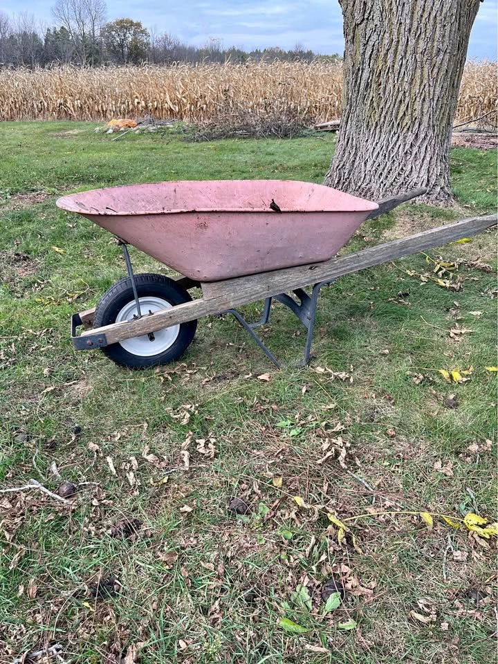 Vintage Pink Metal Wheelbarrow